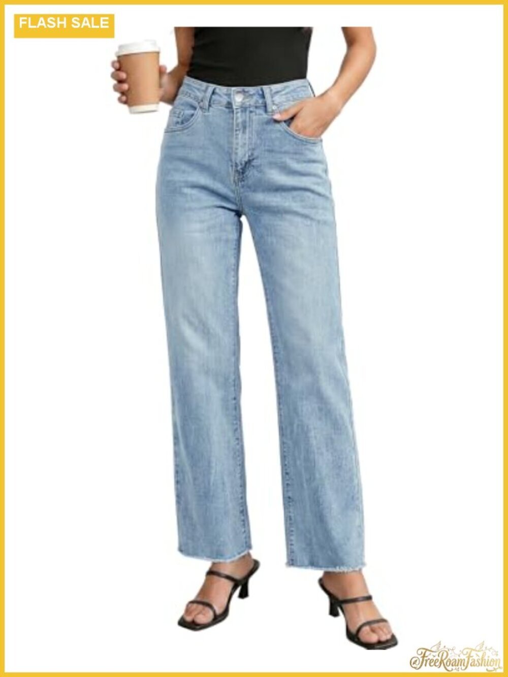 High Waisted Stretchy Straight Leg Jeans with Frayed Raw Hem Baggy Denim Pants